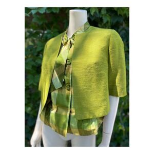 SOLD Vintage 60s Silk Blouse & Matching Short Jacket Green Plaid Royal Lynne